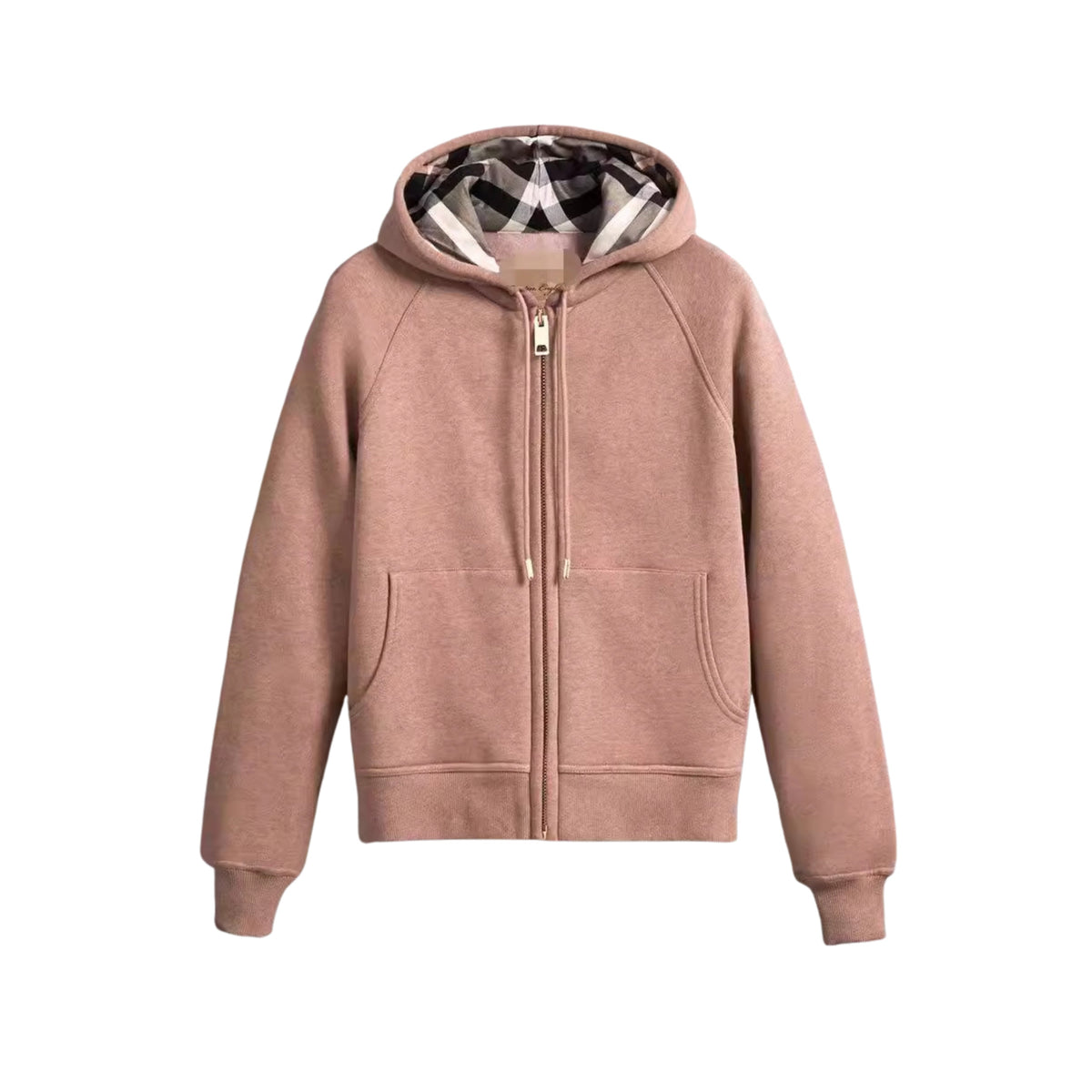 CHEQUER — ZIP HOODIE — beige zip hoodie with checked hood lining, front product view