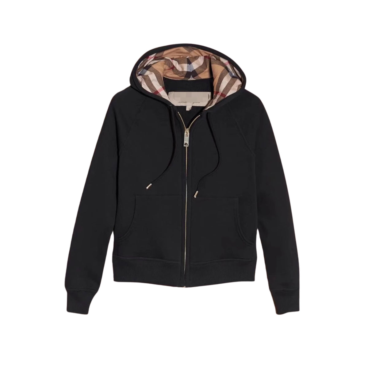 CHEQUER — ZIP HOODIE — black zip hoodie with checked hood lining, front product view
