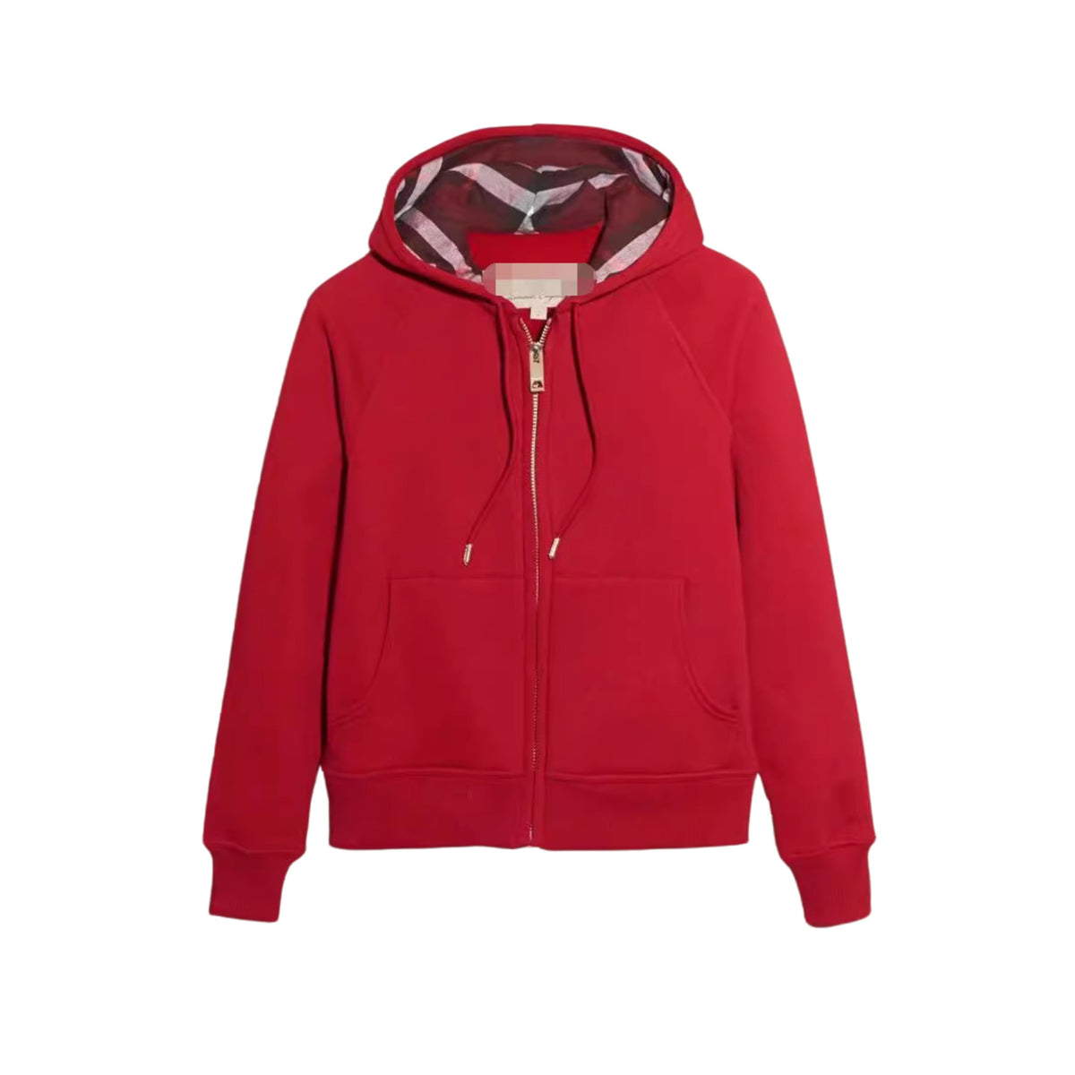 CHEQUER — ZIP HOODIE — red zip hoodie with checked hood lining, front product view