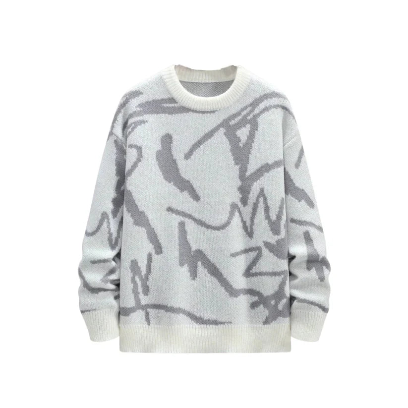 SEGNO — KNIT SWEATER — light crewneck sweater with abstract grey lines, front product view