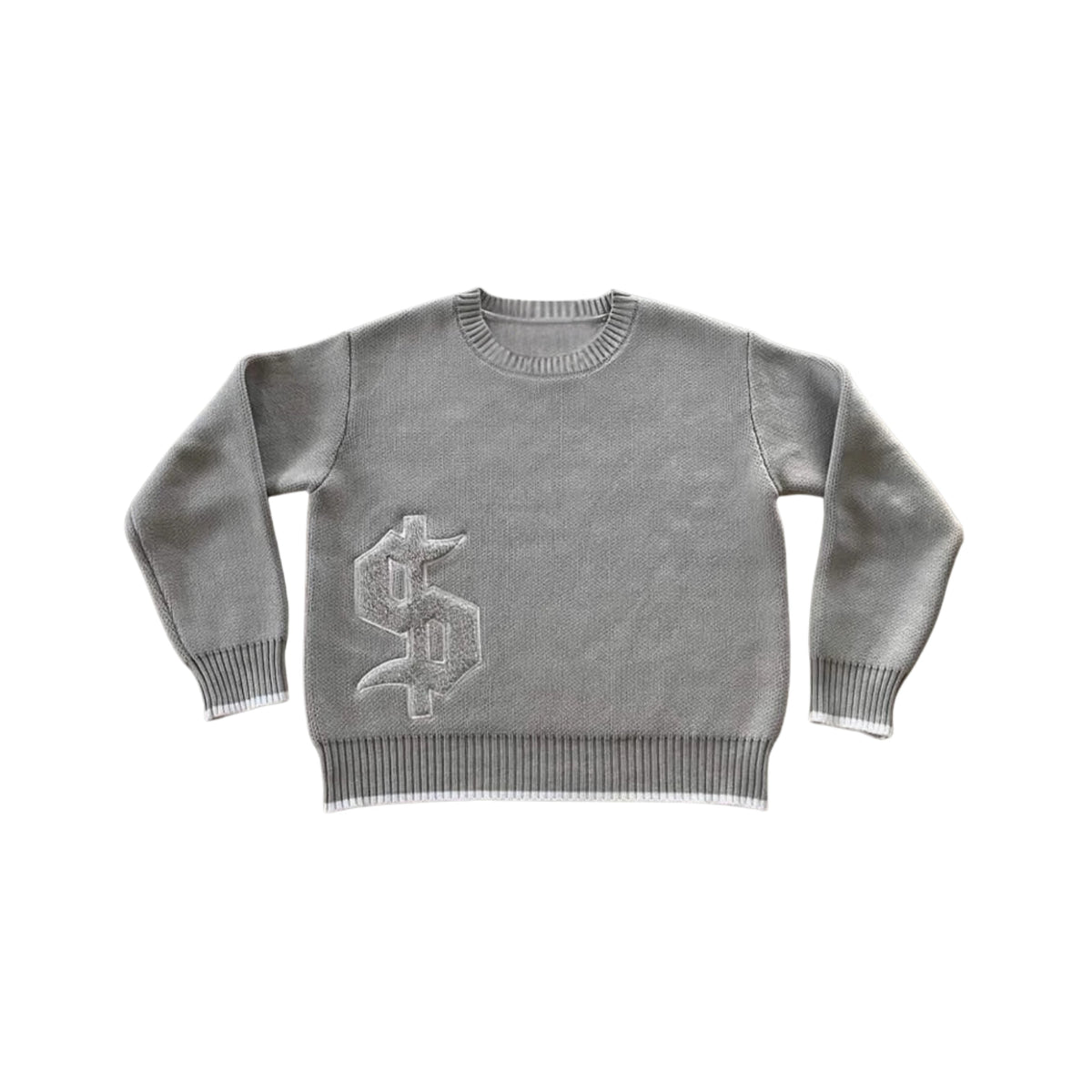 DOLLAR — OUTFIT SET — grey dollar-graphic knit sweater, front product view