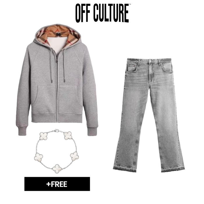 STREETLINE — HOODIE OUTFIT SET — grey check-lined zip hoodie, pale grey jeans and white clover bracelet on white
