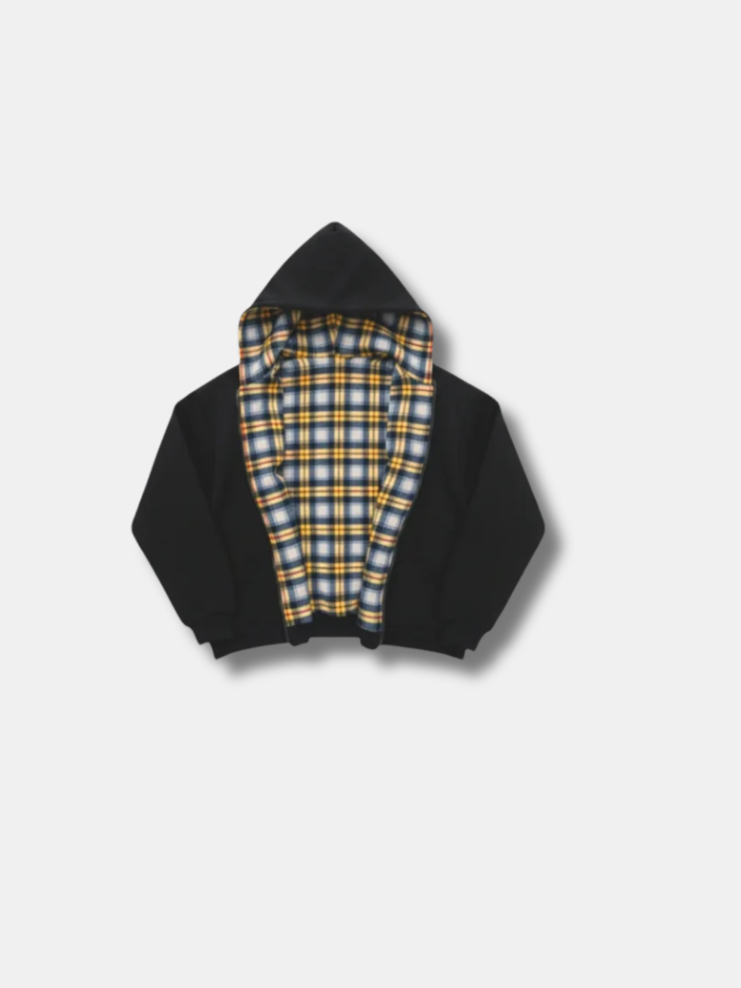 REVERSO — CHECK HOODIE JACKET — black hooded jacket with yellow check lining, original open front view
