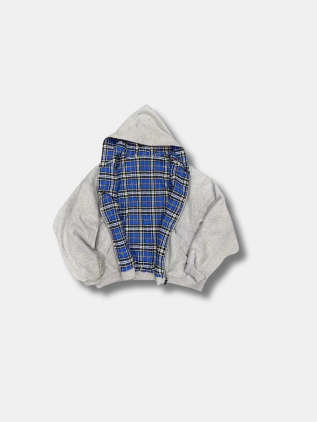 REVERSO — CHECK HOODIE JACKET — grey jacket with blue check lining, open front product view