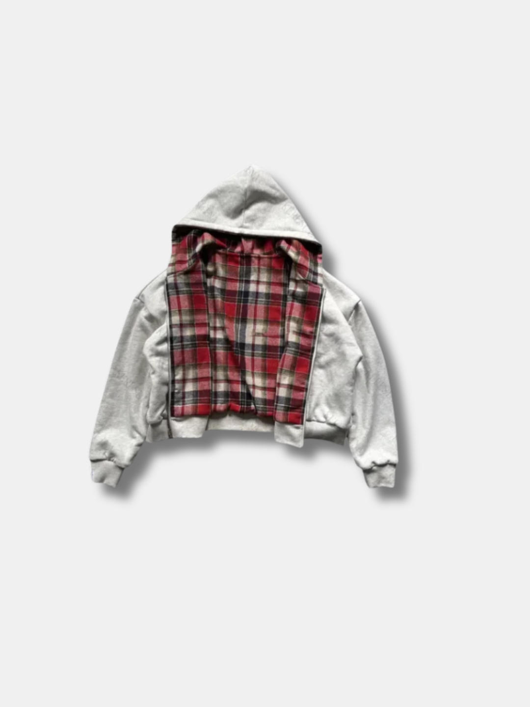 REVERSO — CHECK HOODIE JACKET — grey jacket with red check lining, open front product view