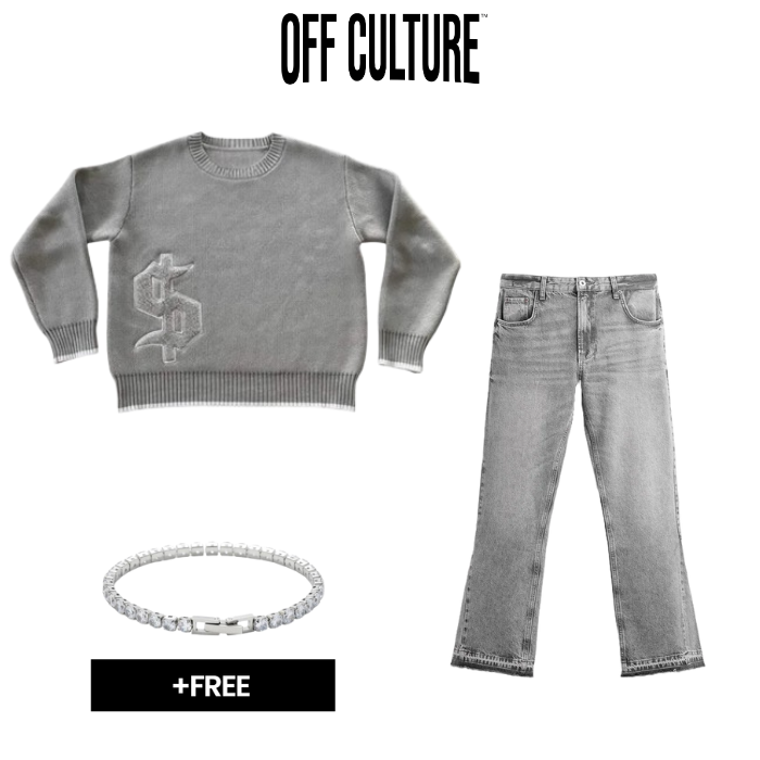 DOLLAR — OUTFIT SET — Off Culture grey sweater, jeans and bracelet bundle overview with bracelet offer