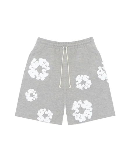 BLOOM — FLORAL SHORTS — grey floral shorts with white drawcord, front view