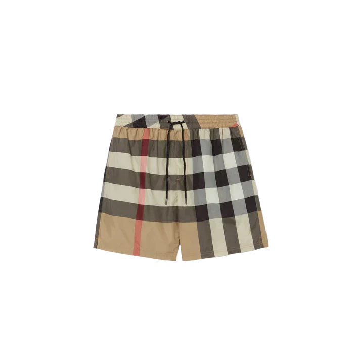 GRID — CHECK SHORTS — beige checked drawcord shorts, front product view
