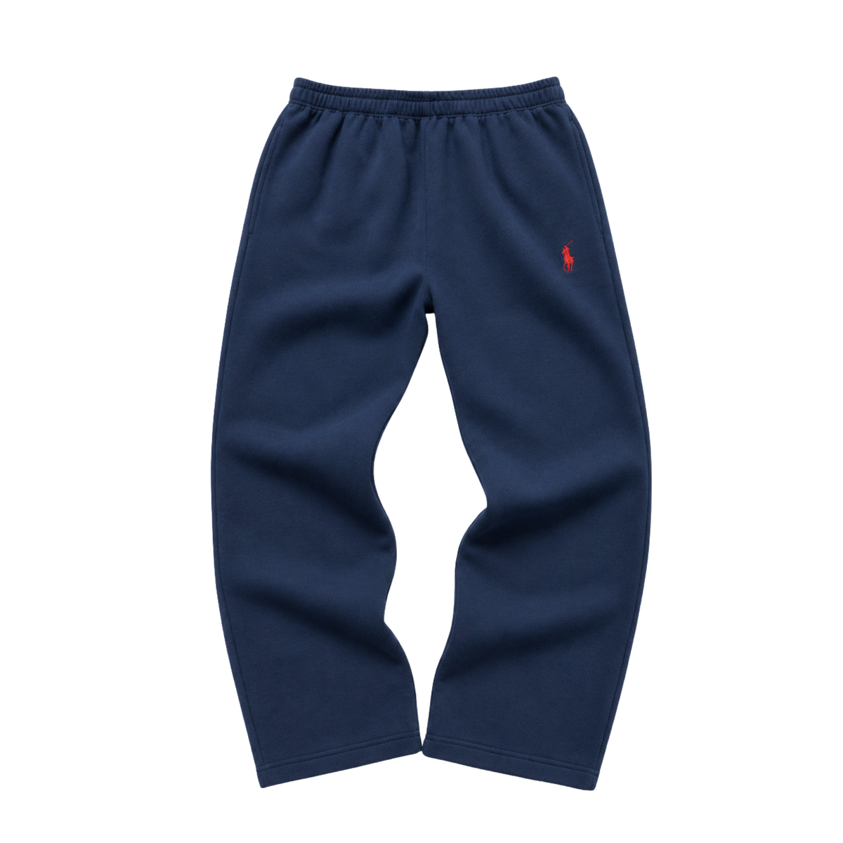 VERO — OPEN HEM SWEATPANTS — navy sweatpants with red embroidery, flatlay
