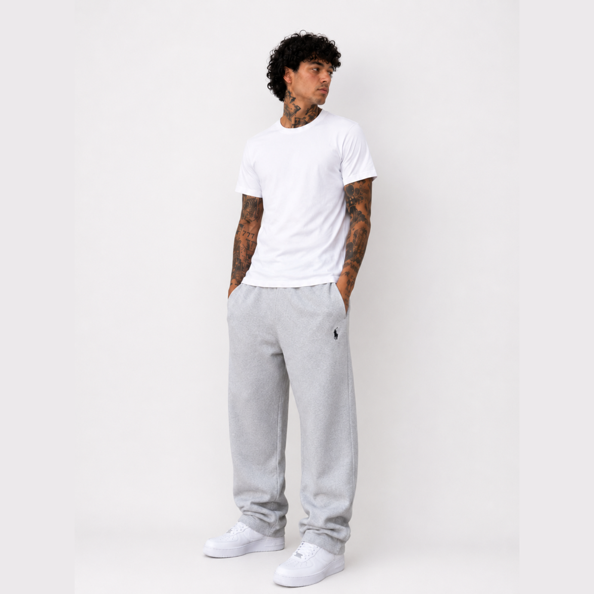 VERO — OPEN HEM SWEATPANTS — model wearing grey sweatpants, full outfit