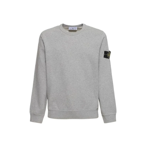 PATCH — CREWNECK SWEATSHIRT — grey crewneck sweatshirt with dark sleeve patch, front view