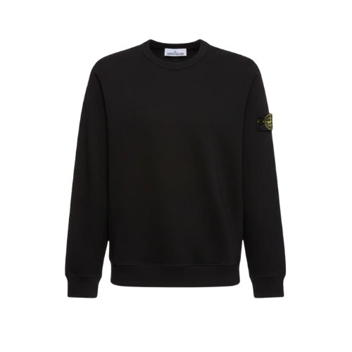 PATCH — CREWNECK SWEATSHIRT — black crewneck sweatshirt with dark sleeve patch, front view