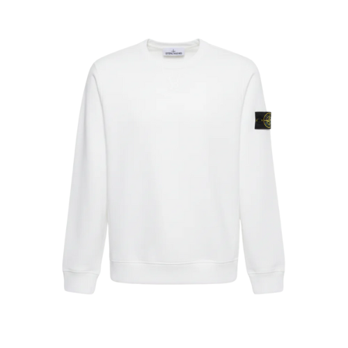 PATCH — CREWNECK SWEATSHIRT — white crewneck sweatshirt with dark upper-sleeve patch, front view