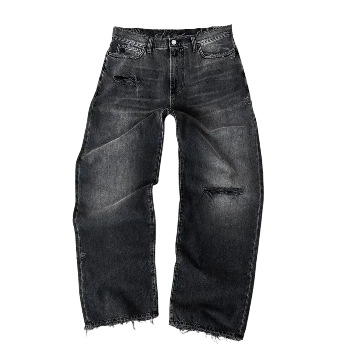 SHADOW — LOOSE WASHED JEANS — black washed jeans with distressed knee and raw hems, front view