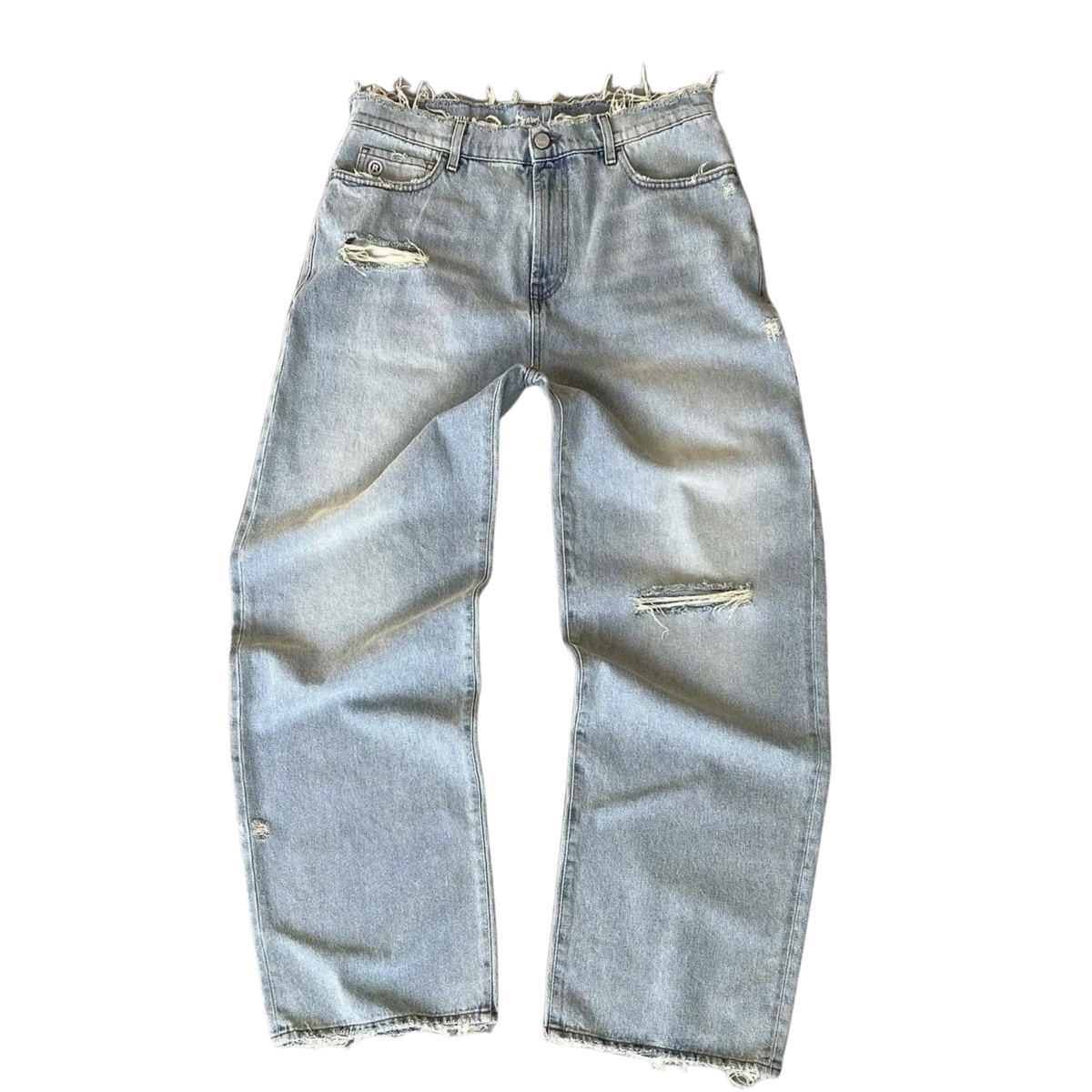 SHADOW — LOOSE WASHED JEANS — light blue washed jeans with distressed knee, front view