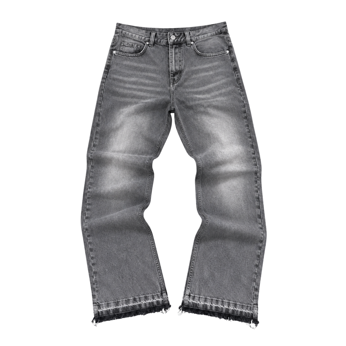 FADE — WIDE LEG JEANS — dark grey washed jeans with frayed hems, front flatlay