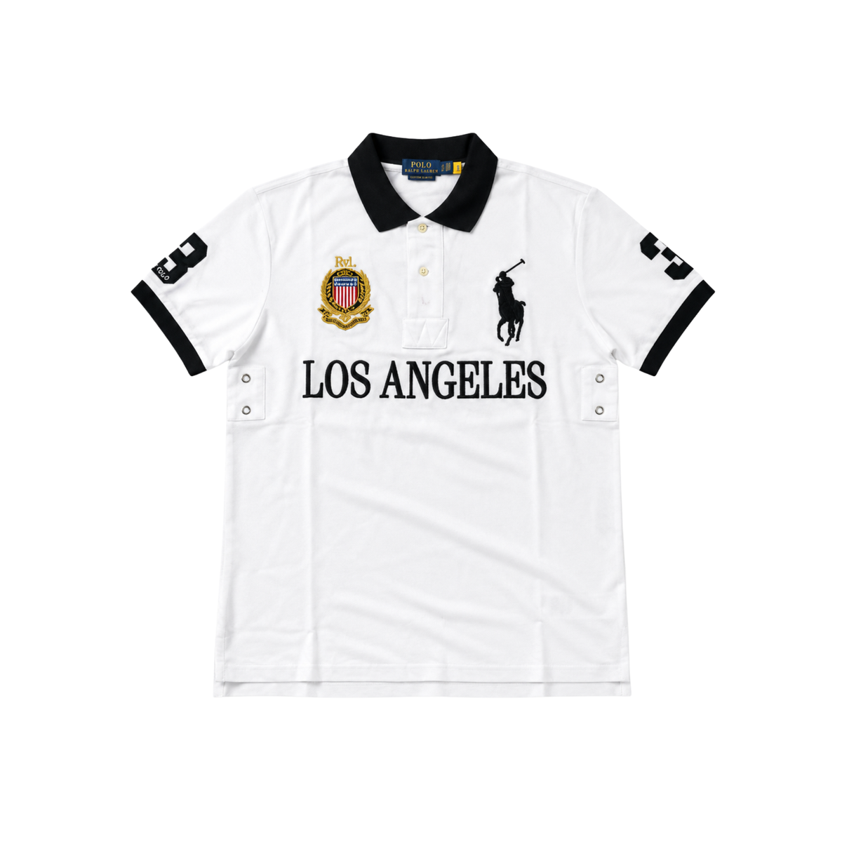 GRAPHIC - POLO — white Los Angeles graphic polo with black trim, front view