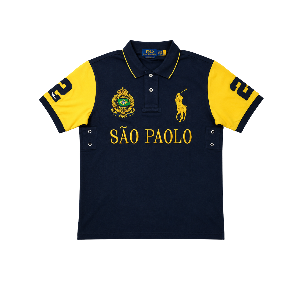 GRAPHIC - POLO — navy and yellow Sao Paolo graphic polo, front product view