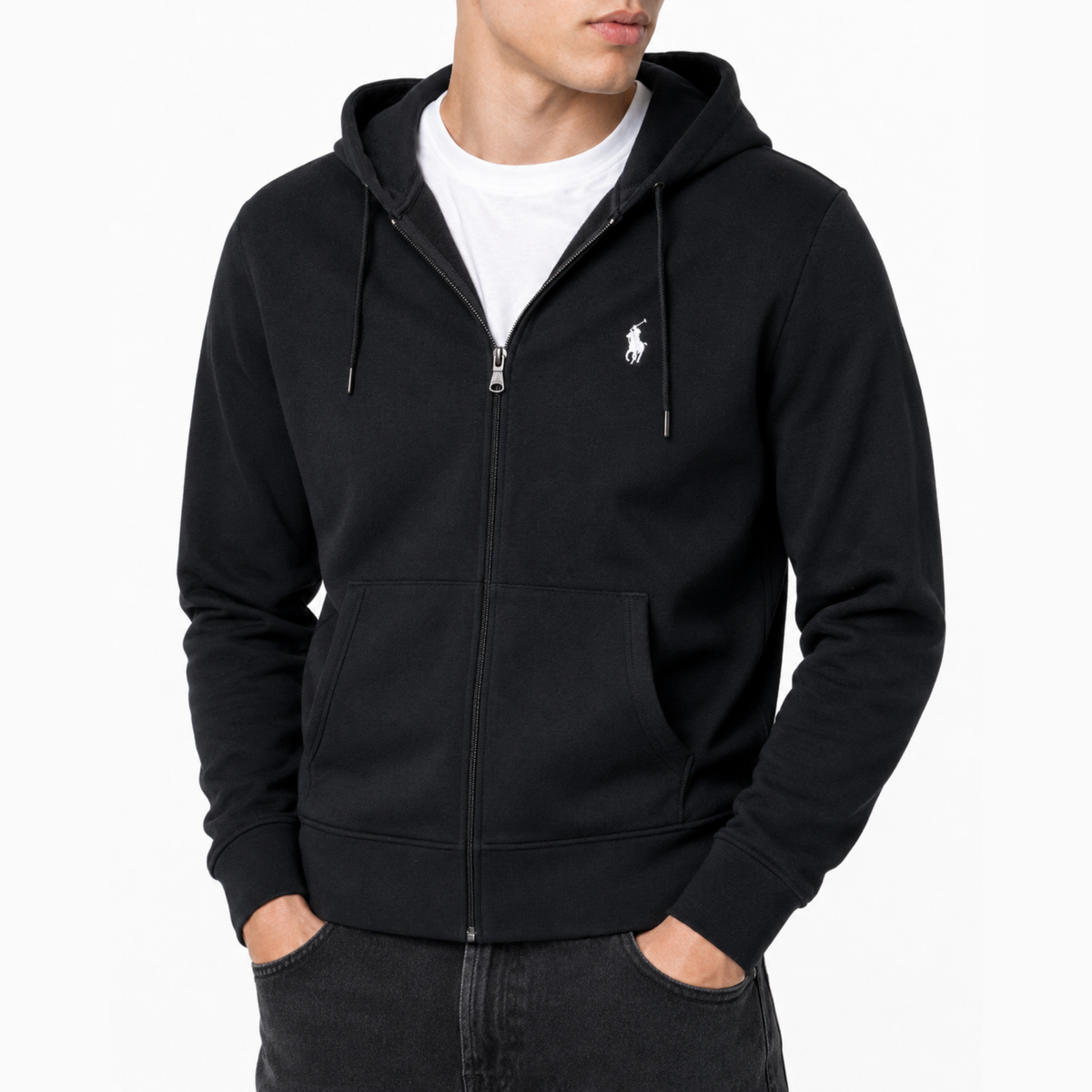 VERO — ZIP HOODIE — black zip hoodie on model, close front view