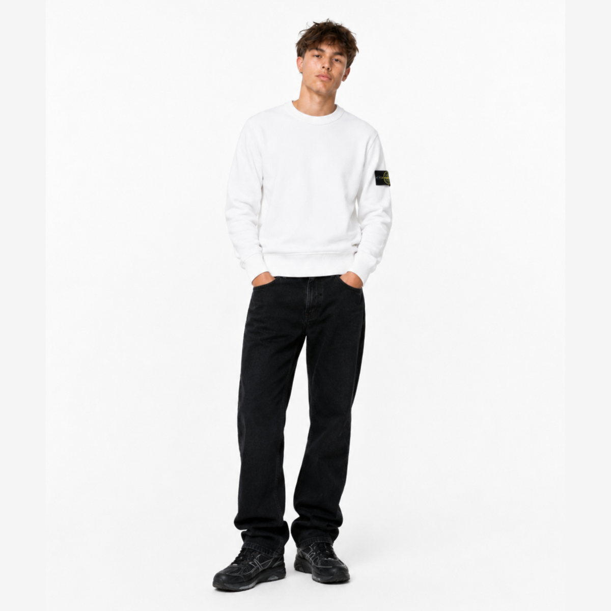 PATCH — CREWNECK SWEATSHIRT — model wearing white crewneck sweatshirt, full outfit