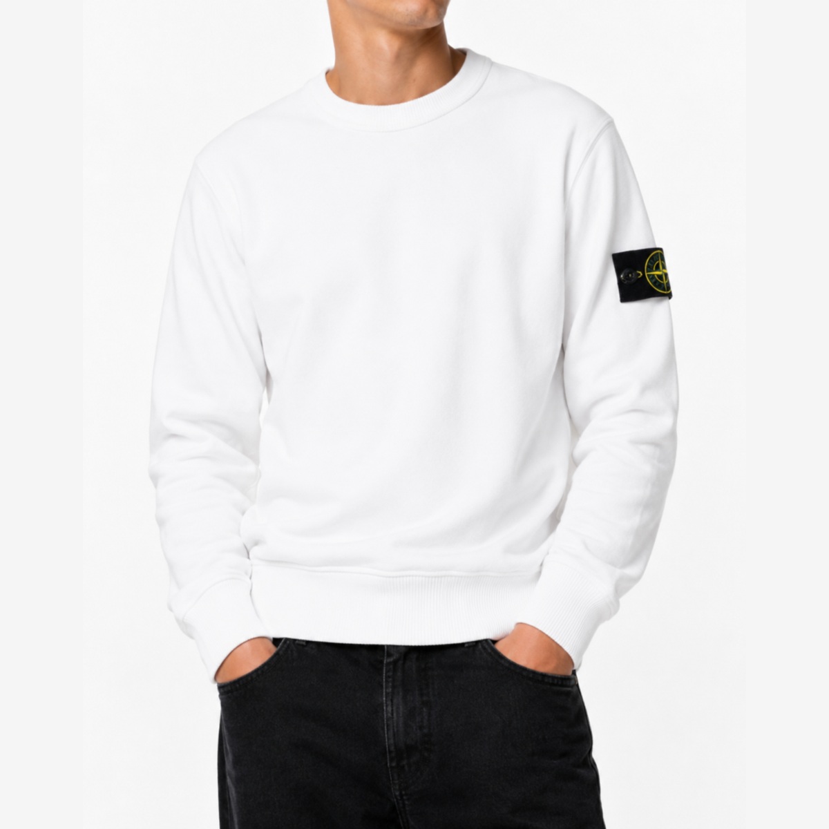 PATCH — CREWNECK SWEATSHIRT — white crewneck sweatshirt on model, close front view