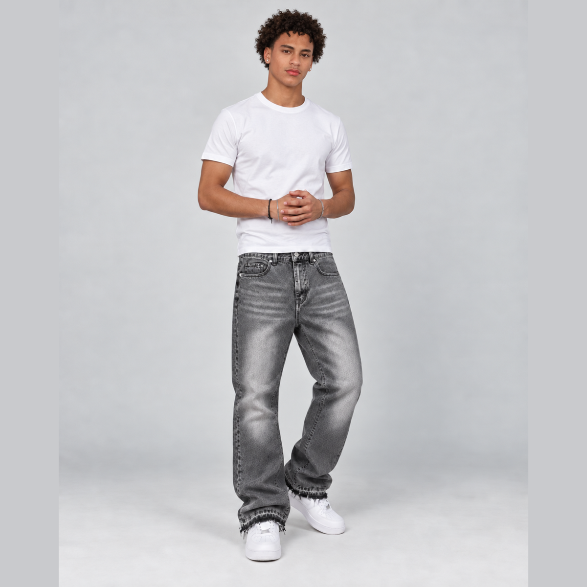 FADE — WIDE LEG JEANS — model wearing dark grey washed jeans, full outfit