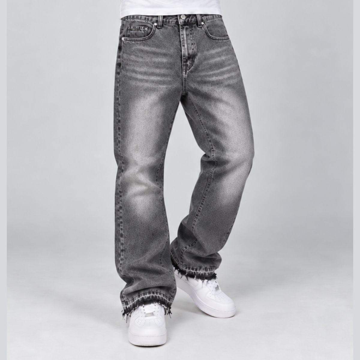FADE — WIDE LEG JEANS — dark grey jeans on model, close front fit view