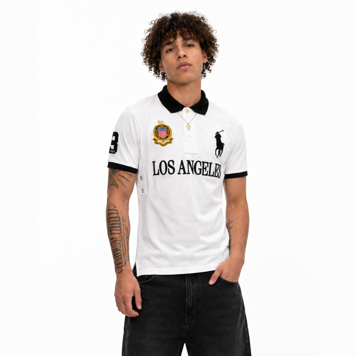 GRAPHIC - POLO — white Los Angeles polo on model, close front view