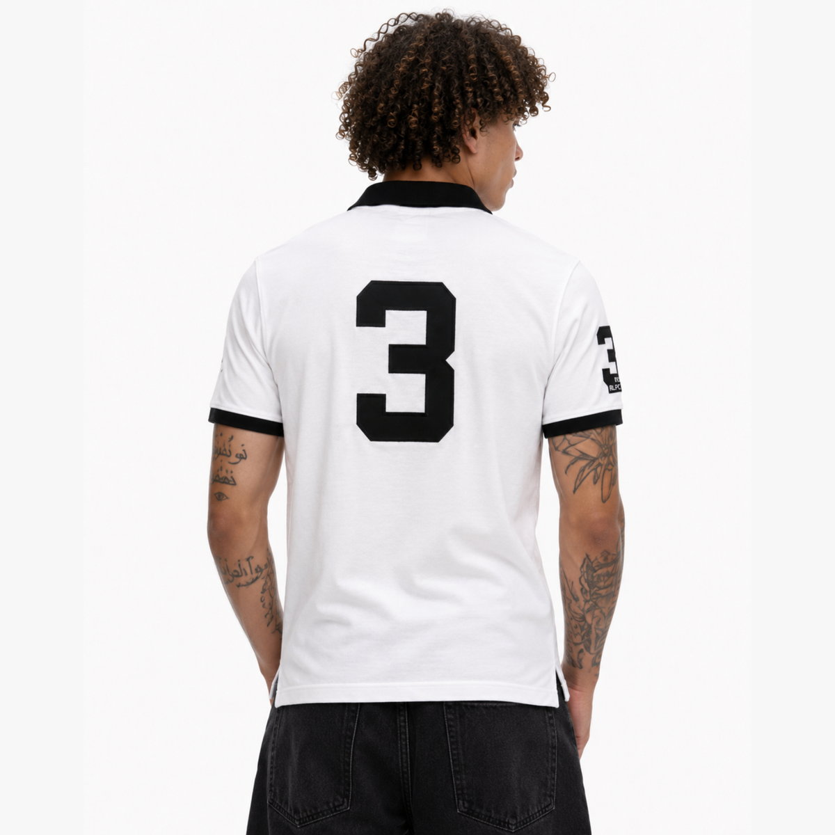 GRAPHIC - POLO — white polo on model, number3 back view