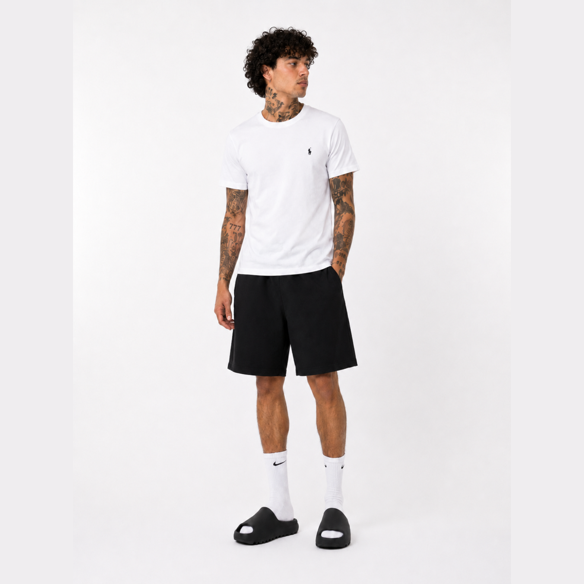 VERO — CREWNECK TEE — model wearing white tee, full outfit