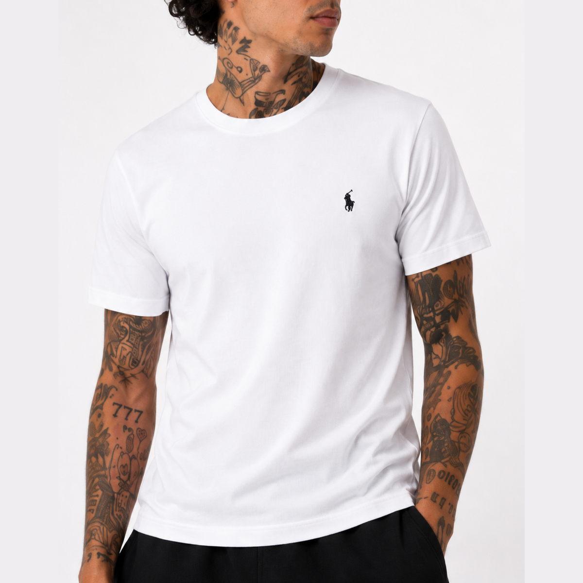 VERO — CREWNECK TEE — white tee on model, close front view