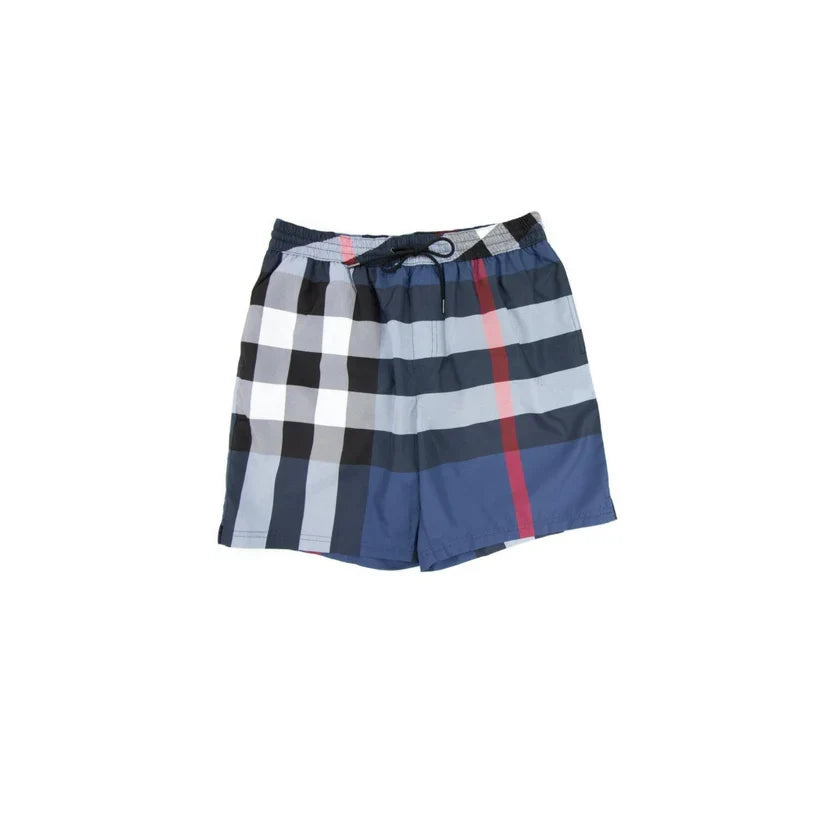 GRID — CHECK SHORTS — navy checked drawcord shorts, front product view