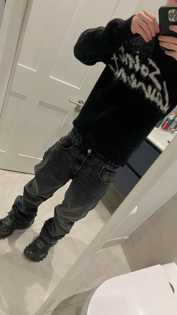 MIDNIGHT — KNIT OUTFIT SET — black script knit and grey jeans in mirror outfit photo