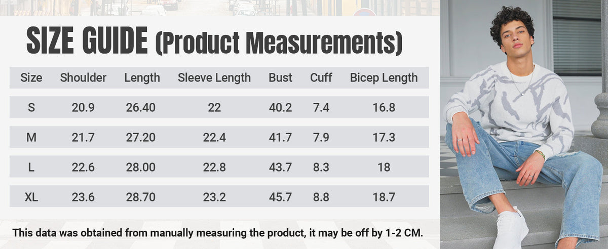 SEGNO — KNIT SWEATER — supplied size guide with garment measurements and model reference
