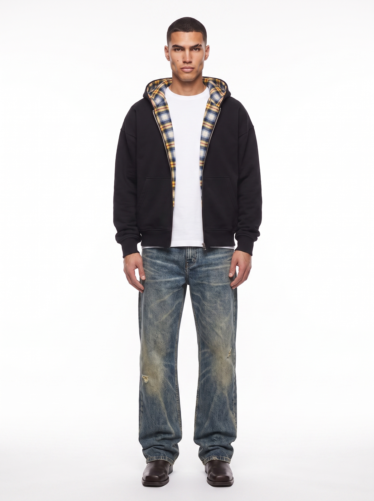 REVERSO — CHECK HOODIE JACKET — model wearing black jacket with yellow check lining
