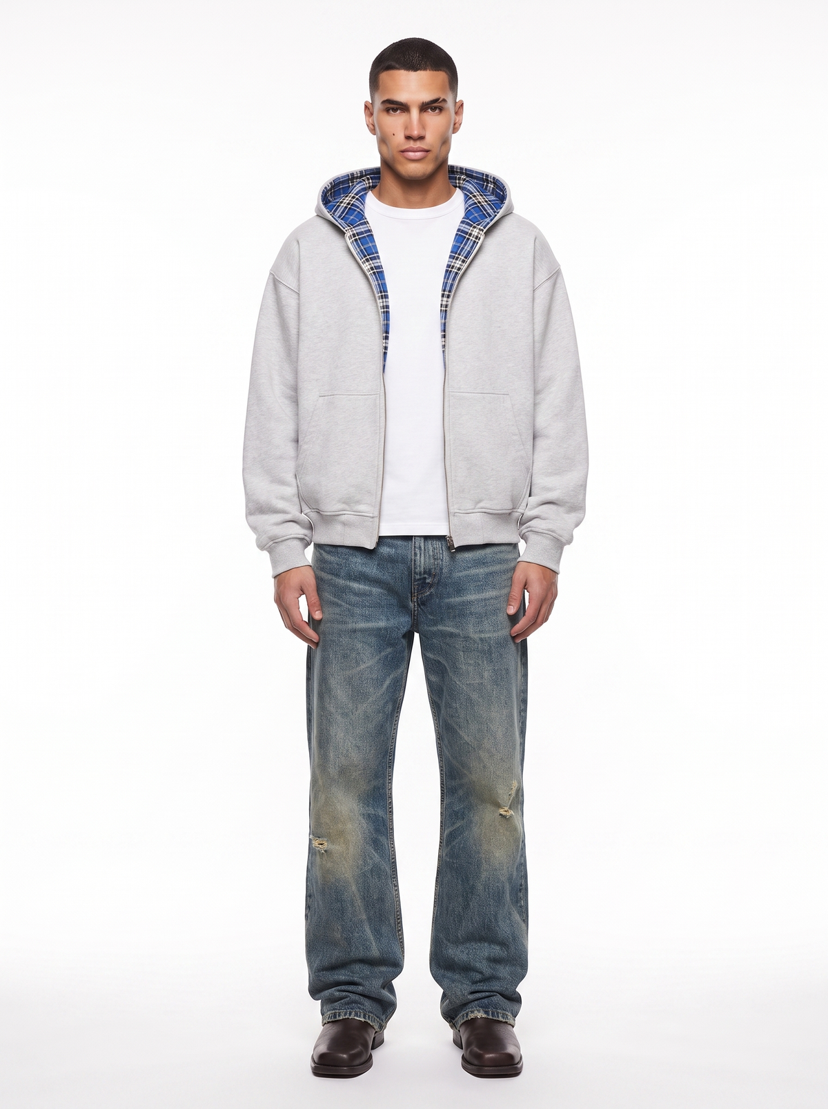 REVERSO — CHECK HOODIE JACKET — model wearing grey jacket with blue check lining
