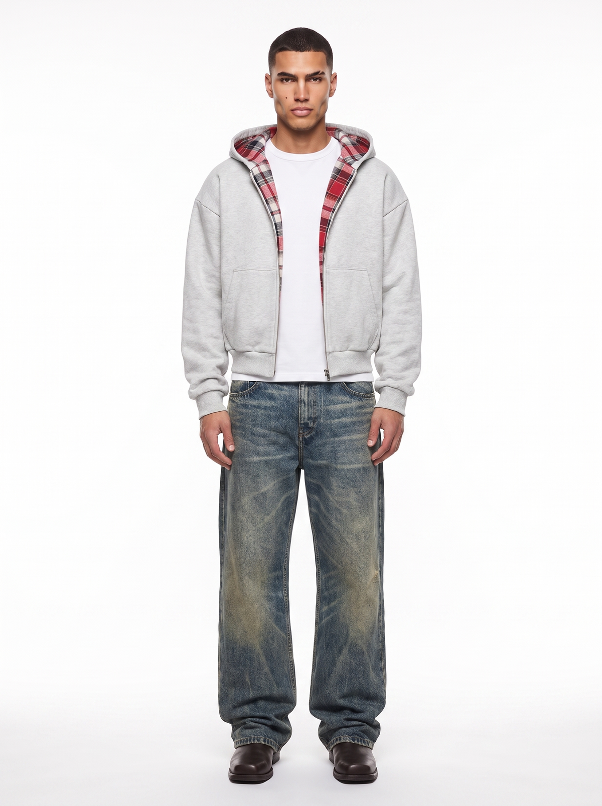 REVERSO — CHECK HOODIE JACKET — model wearing grey jacket with red check lining, full outfit