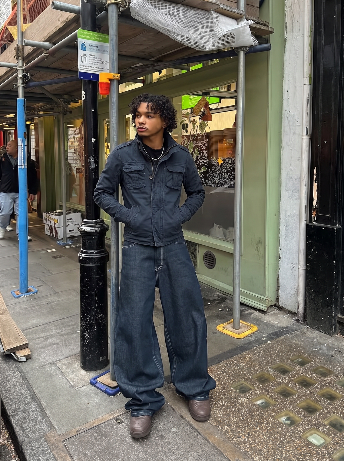 TERRAIN — FIELD JACKET — model wearing navy field jacket on street