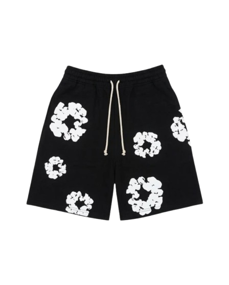 BLOOM — FLORAL SHORTS — black floral shorts with white drawcord, front view