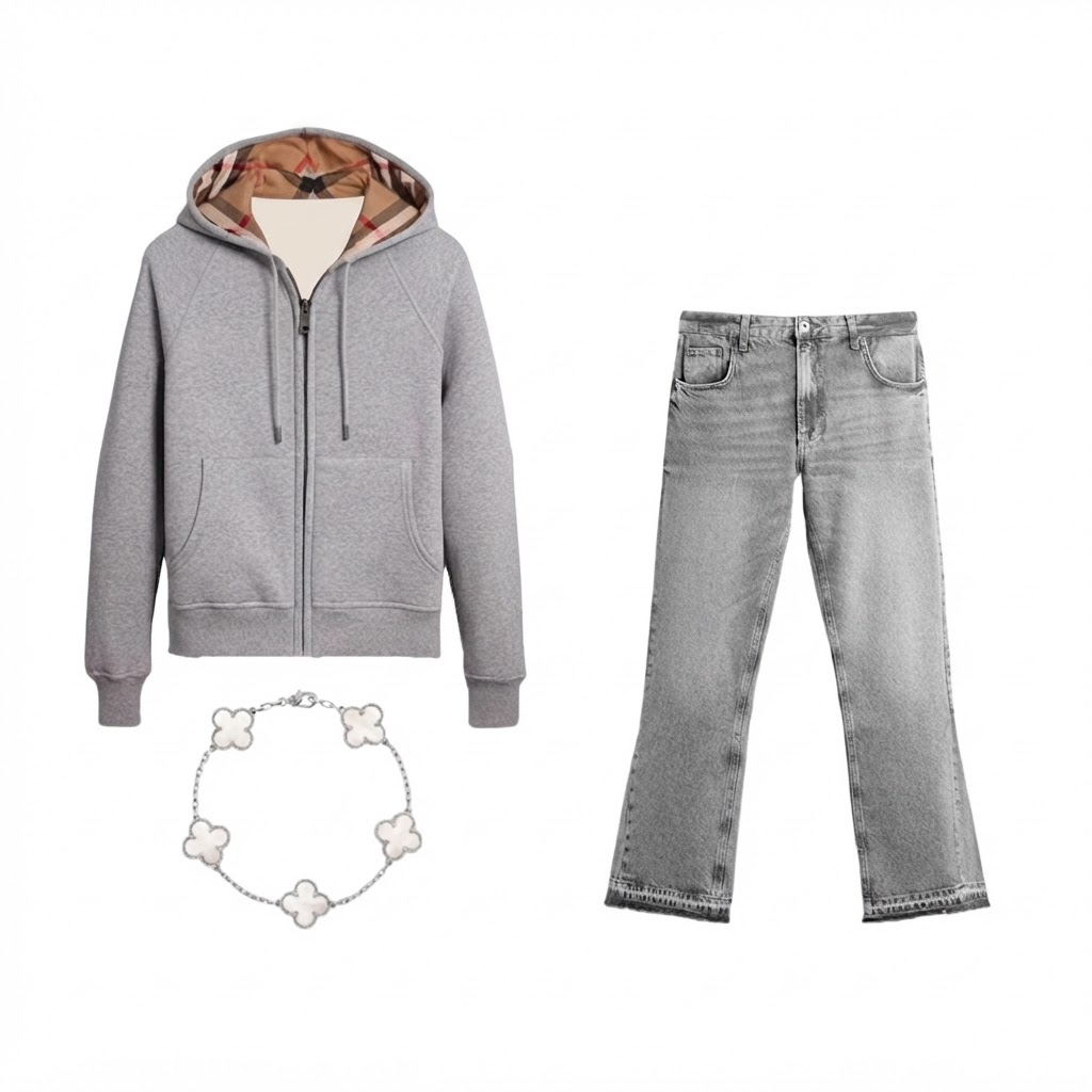 STREETLINE outfit set with grey check-lined hoodie, grey jeans and white clover bracelet on white