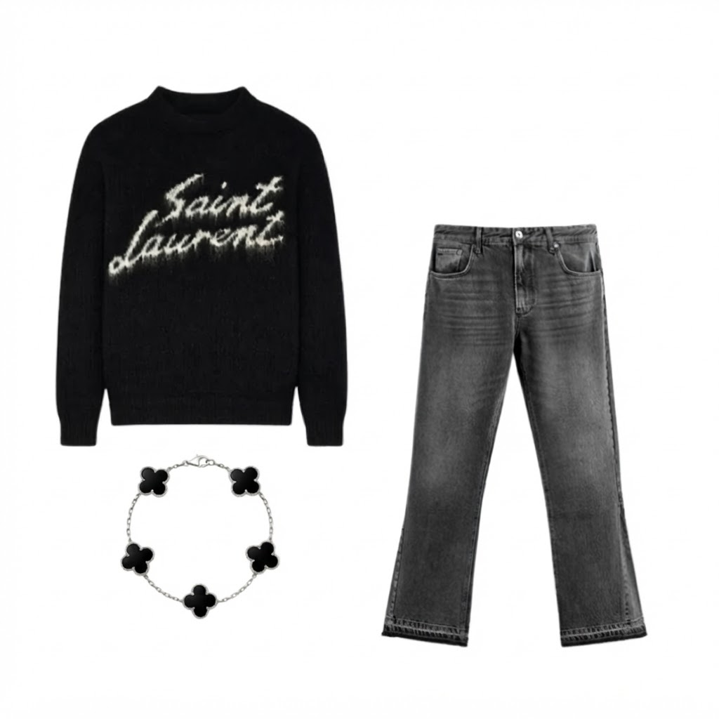 MIDNIGHT outfit set with black script knit, grey jeans and black clover bracelet on white