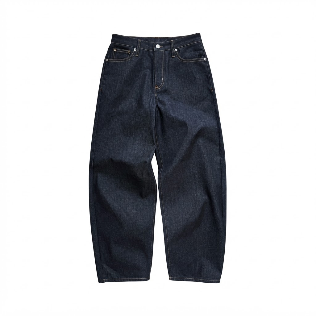 Deep indigo ARC barrel leg jeans, front view on white