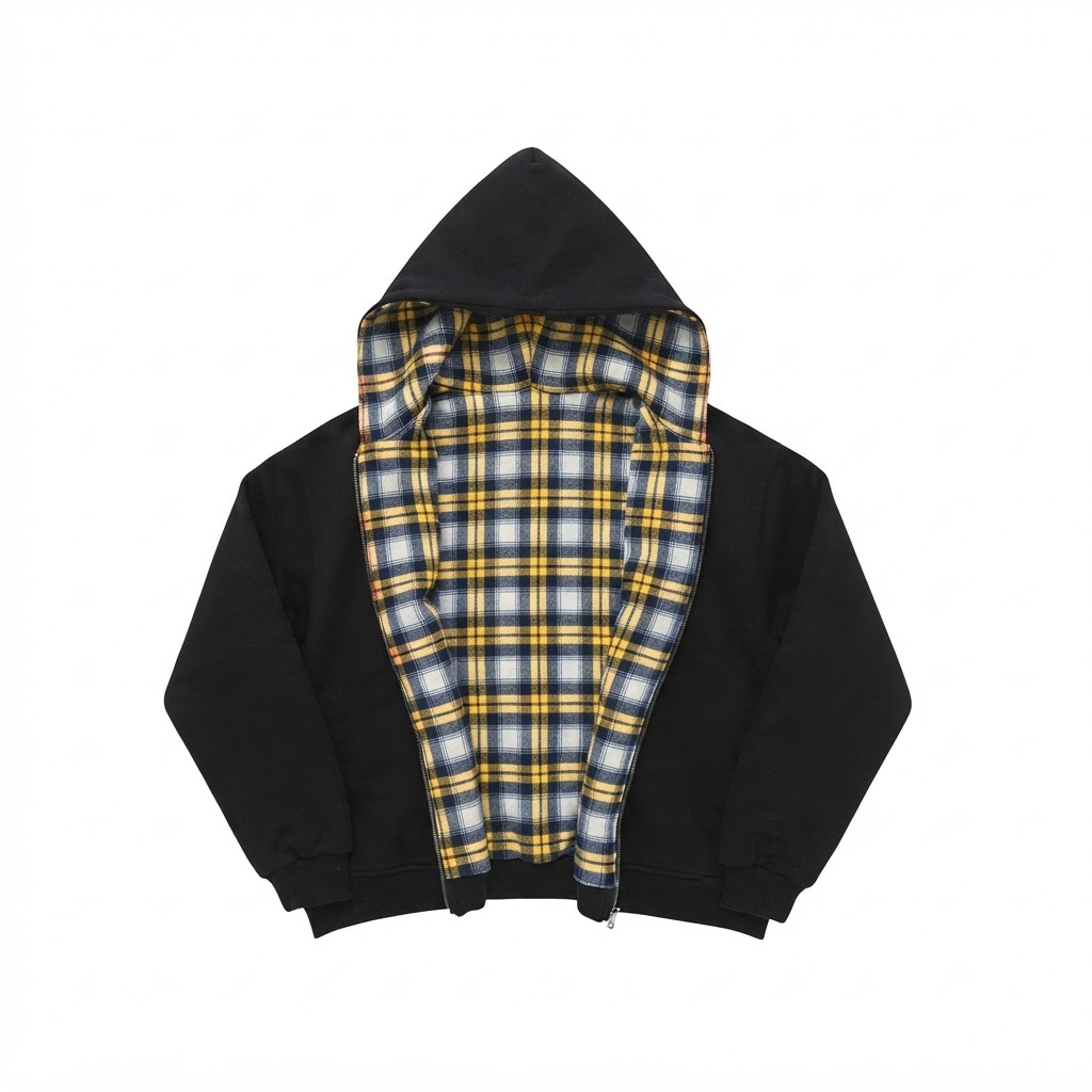 Black REVERSO hooded jacket with yellow check lining, open front on white