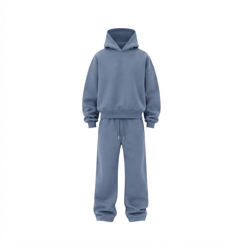 Muted blue CLOUD hoodie and jogger set, front view on white