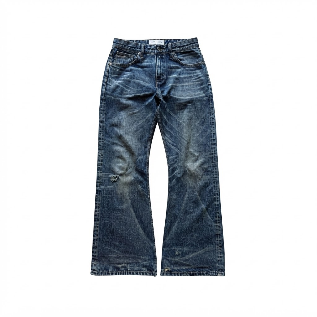 Blue WORN flared jeans with faded wash and knee distress, front view on white