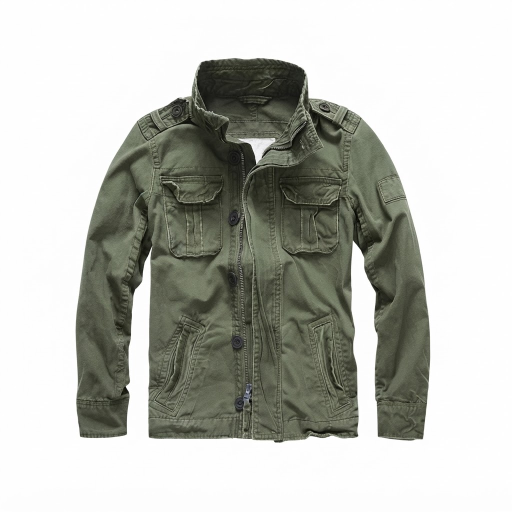 Olive green TERRAIN field jacket, front view on a white background