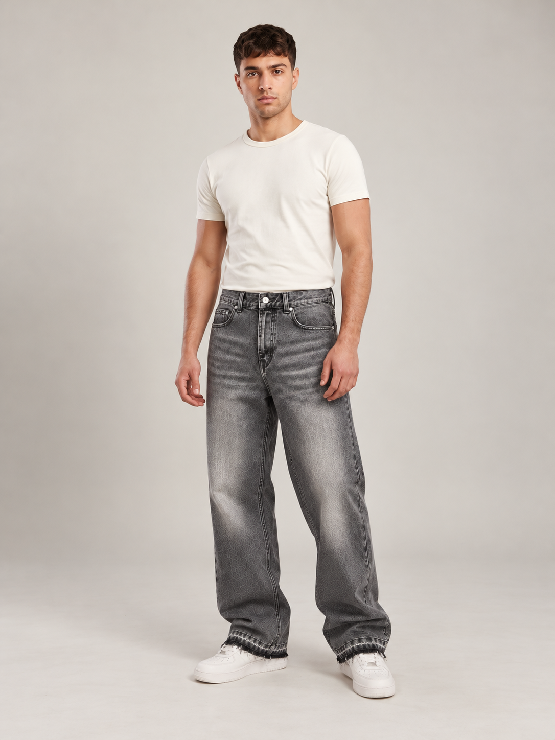 Off Culture Fade Dark Gray wide-leg jeans — three-quarter front studio view