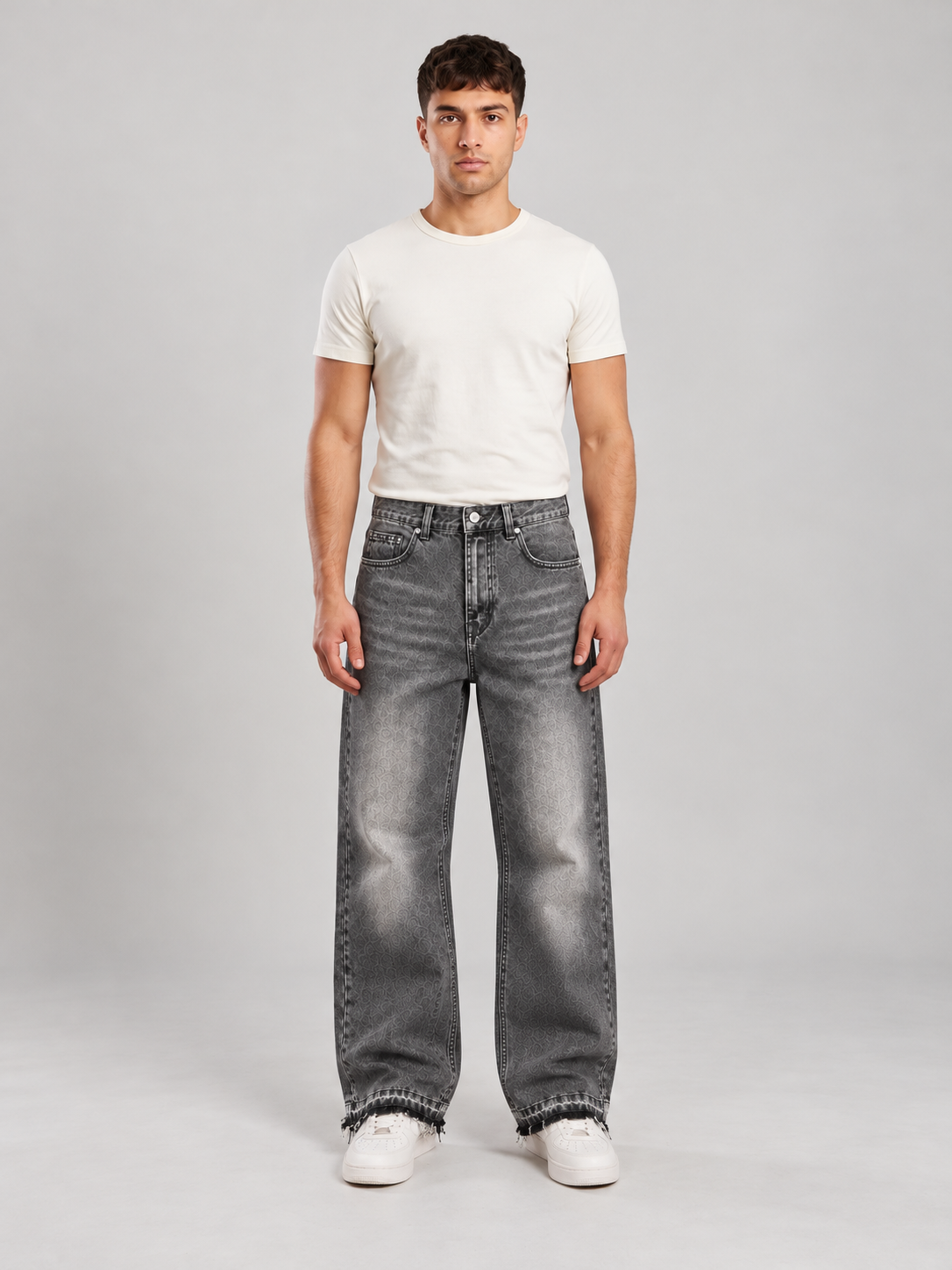 Off Culture Fade wide-leg jeans in Dark Gray — full front studio view showing the faded wash and frayed hems