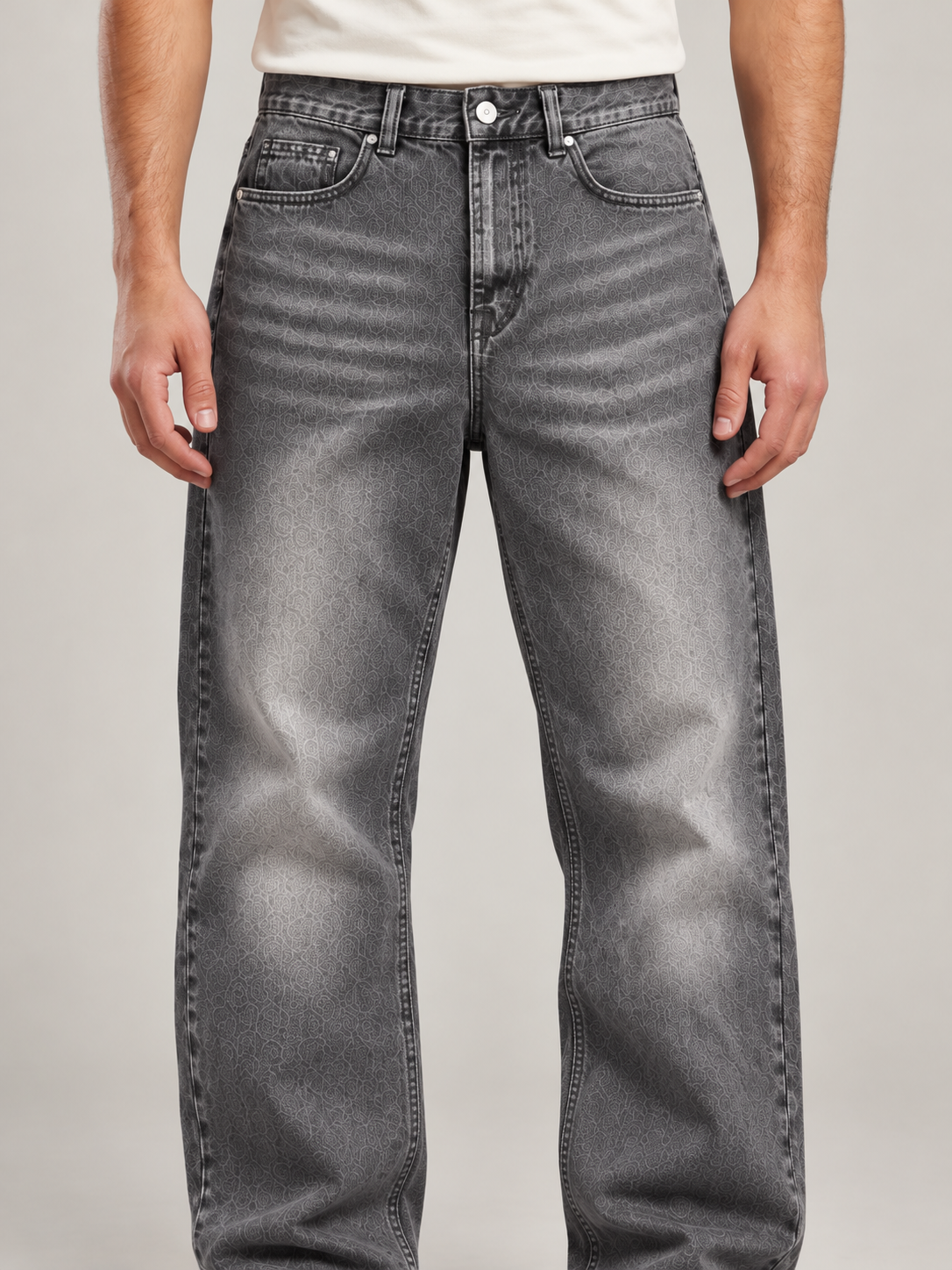 Off Culture Fade Dark Gray jeans — close front view of waistband, pockets, faded wash and tonal pattern