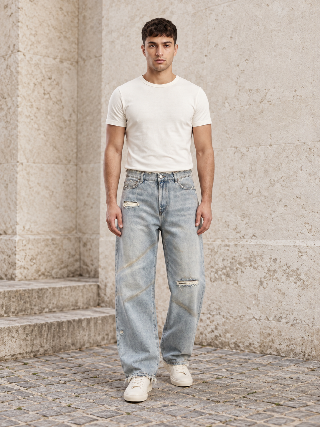 Light Blue Shadow loose-fit washed jeans — front lifestyle view on model
